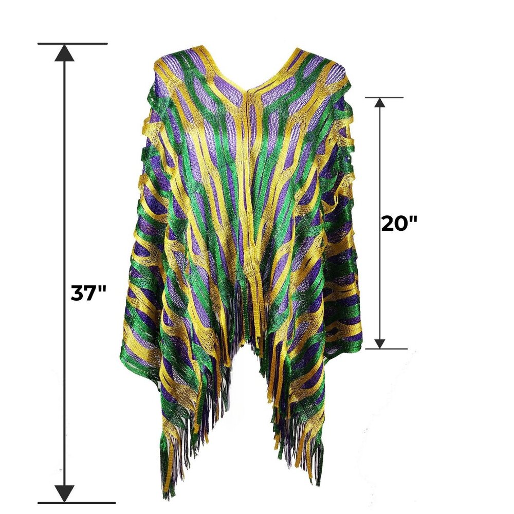 Mardi Gras Sparkling Fishnet Poncho Coverup with Tassels One Size Purple Gold - Picture 2 of 6